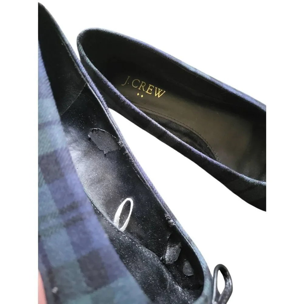 J. Crew Flats Women's 7 Green Blue Tartan Plaid Pointed Toe Ballet Bow Preppy